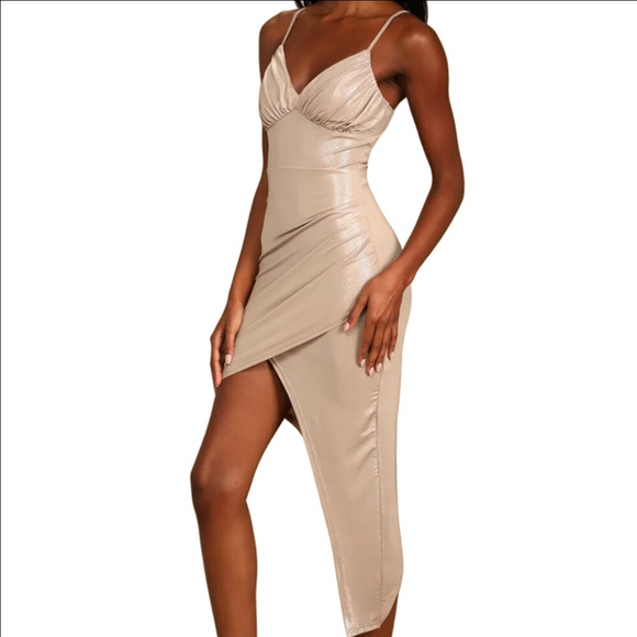 Lulus Taupe Metallic Bodycon Mini Dress Asymmetrical Hem Lurex NWT XL - Picture 1 of 6